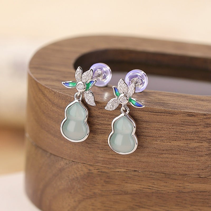 S925 Sterling Silver Jadeite Earrings – "Orchid & Gourd Blessings" - Taichi - Zen