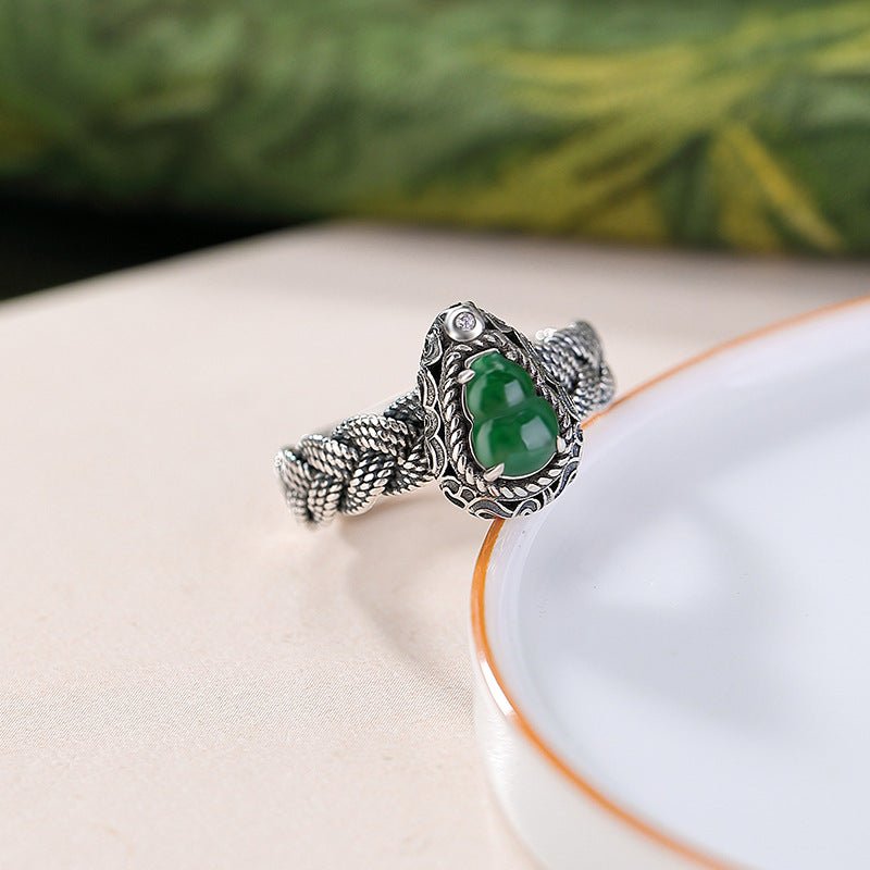 S925 Sterling Silver Jadeite Ring – Braided Gourd Open Band | Chinese "Fu Lu" Luck & Protection - Taichi - Zen