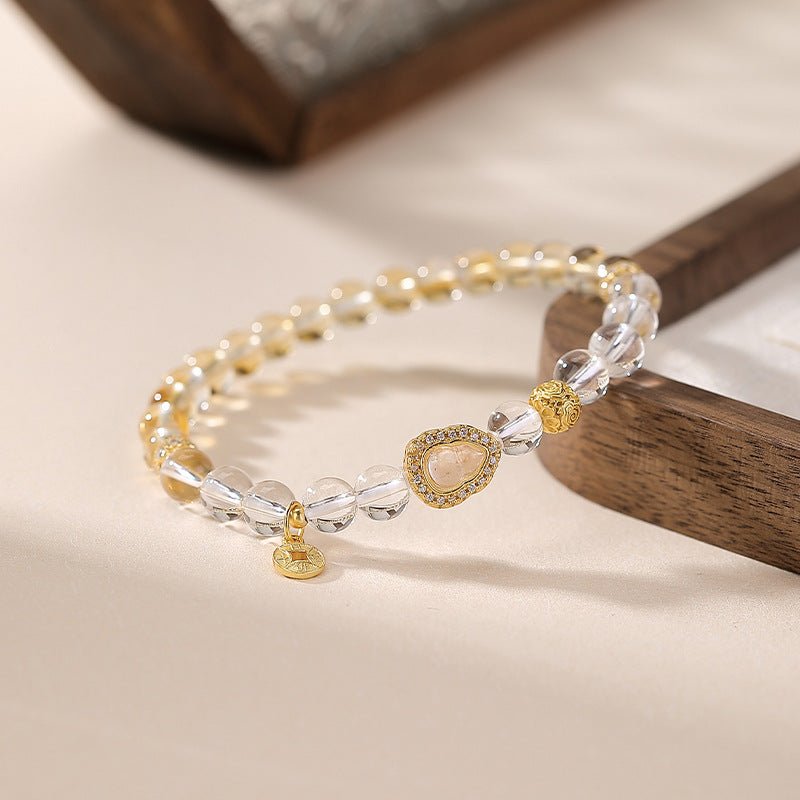 S925 Sterling Silver Gold - Plated Yellow Phantom Quartz & Clear Crystal Bracelet – Double Gourd & Coin Charm for Abundance - Taichi - Zen