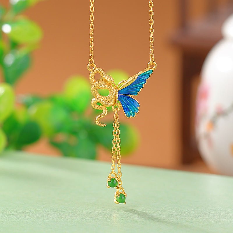 S925 Gold - Plated Jadeite Pendant – Enamel Butterfly & Serpent Motif with Tassel Chain - Taichi - Zen