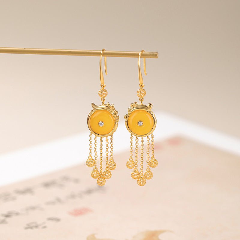 S925 Gold - Plated Amber Earrings – Phoenix & Tassel Motifs | Organic Luxury with Imperial Flair - Taichi - Zen