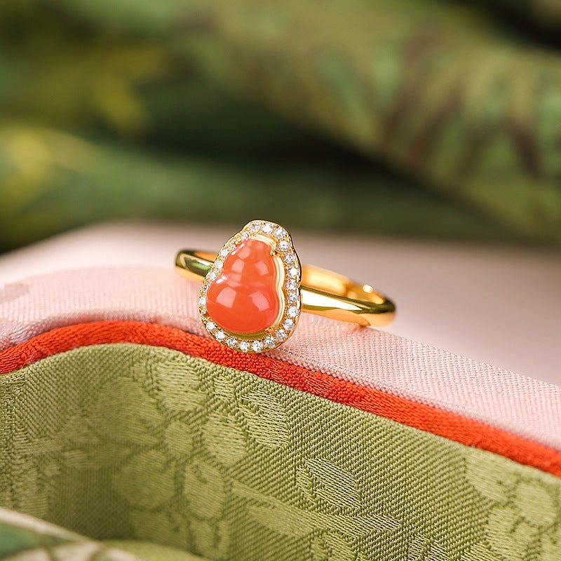 S925 Gold - Plated Red Agate Ring – "Double Blessing Band" - Taichi - Zen