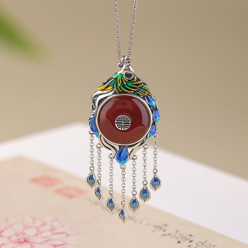 S925 Sterling Silver Peacock Enamel Pendant – Red Agate 'Fu' Charm with Tassels - Taichi - Zen