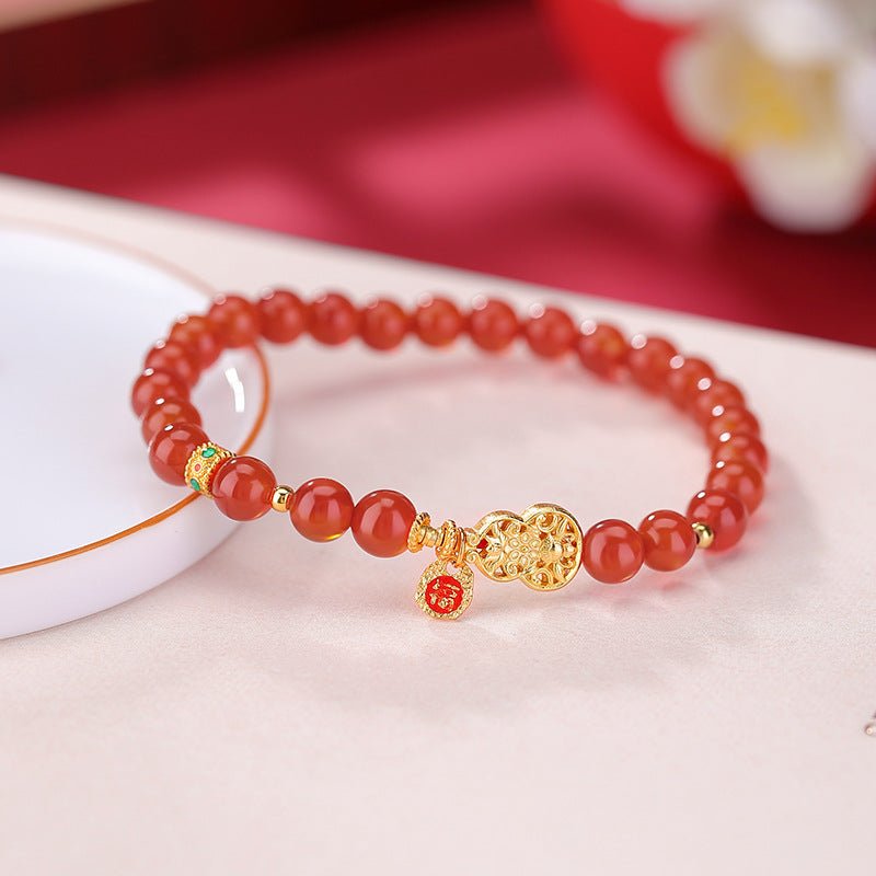 S925 Gold - Plated Red Agate Bracelet – "Double Blessing Talisman" - Taichi - Zen