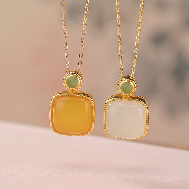S925 Sterling Silver Hetian Jade & Beeswax Pendant – Minimalist Square Drop Necklace for Women | Chinese Classic Elegance - Taichi - Zen