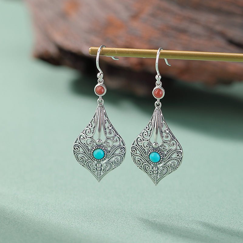 S925 Sterling Silver Turquoise & Red Agate Earrings – Intricate Scrollwork Dangle | Feng Shui Ethnic Statement Jewelry - Taichi - Zen