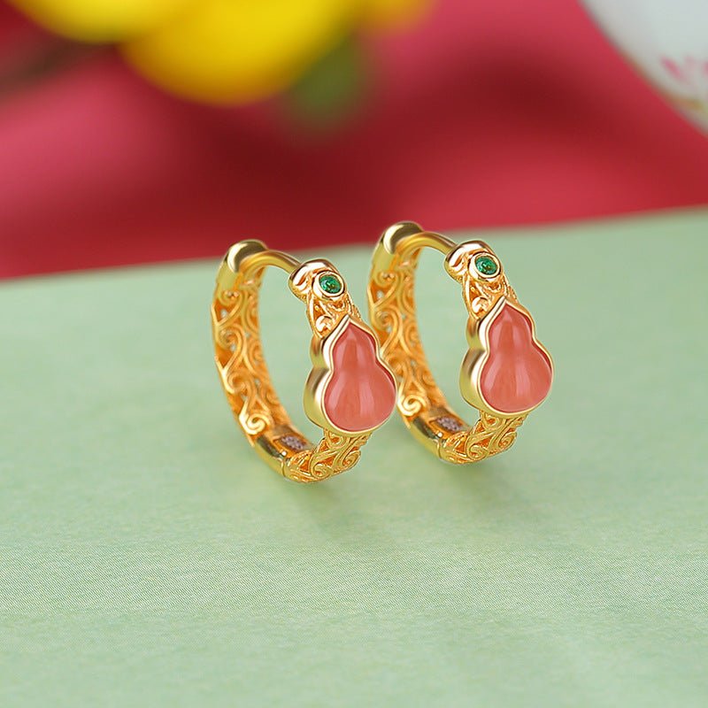S925 Gold - Plated Red Agate Clip Earrings – "Double Blessing Scrolls" - Taichi - Zen