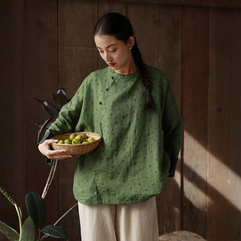 Han - Inspired Printed Linen Blouse – Loose Fit with Knot Button Detail - Taichi - Zen