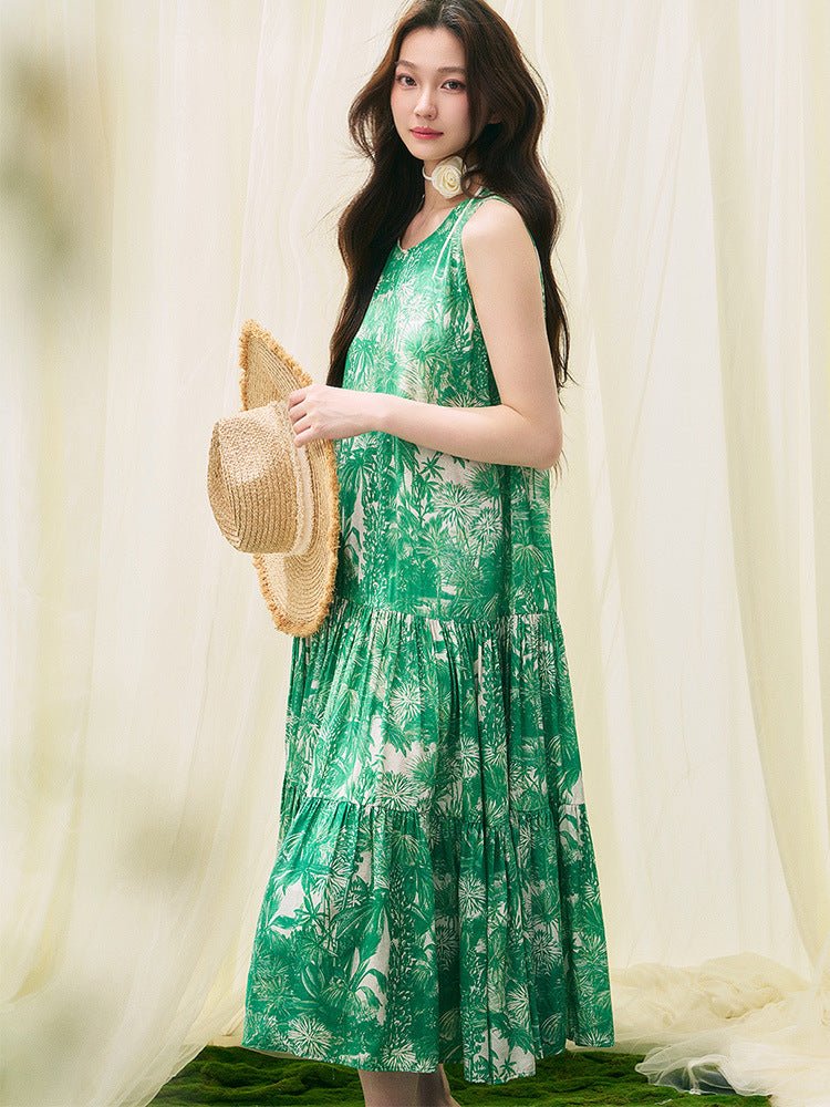 Green Floral Sleeveless Maxi Dress – Flowy Vacation Sundress with Flattering Loose Fit for Summer - Taichi - Zen