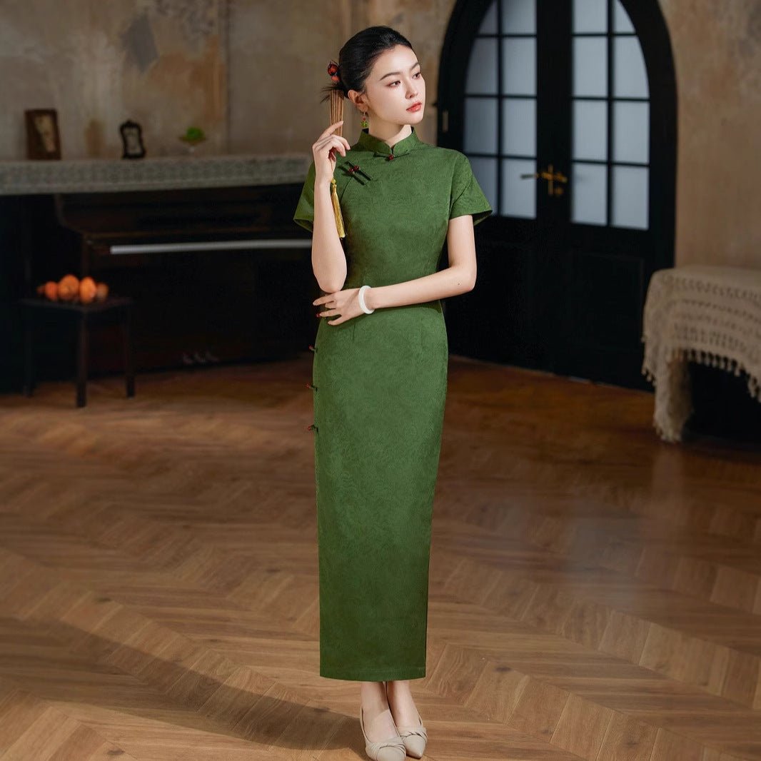 Summer Green Jacquard Qipao with Side Slit - Taichi - Zen