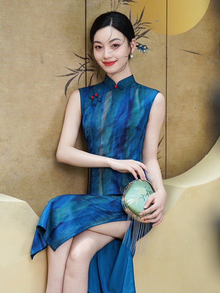 Indigo Jacquard Qipao with Flowing Side Drape - Taichi - Zen