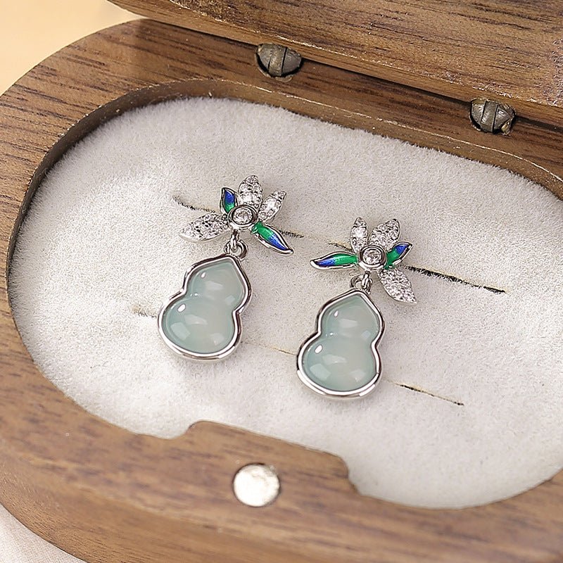 S925 Sterling Silver Jadeite Earrings – "Orchid & Gourd Blessings" - Taichi - Zen