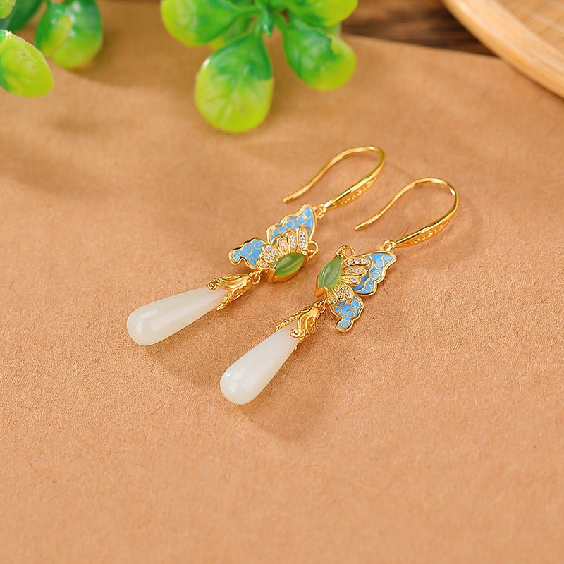 S925 Gold - Plated Hetian Jade Earrings – "Butterfly Alchemy" - Taichi - Zen