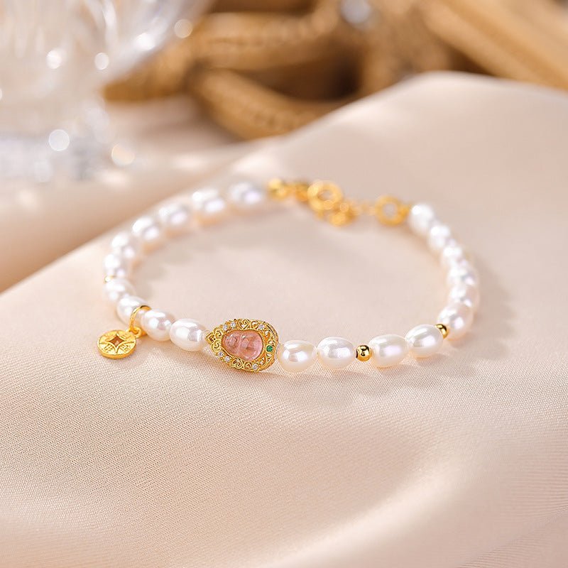 S925 Sterling Silver Pearl & Tourmaline Bracelet – Coins of Prosperity & Hollow Gourd Charms - Taichi - Zen