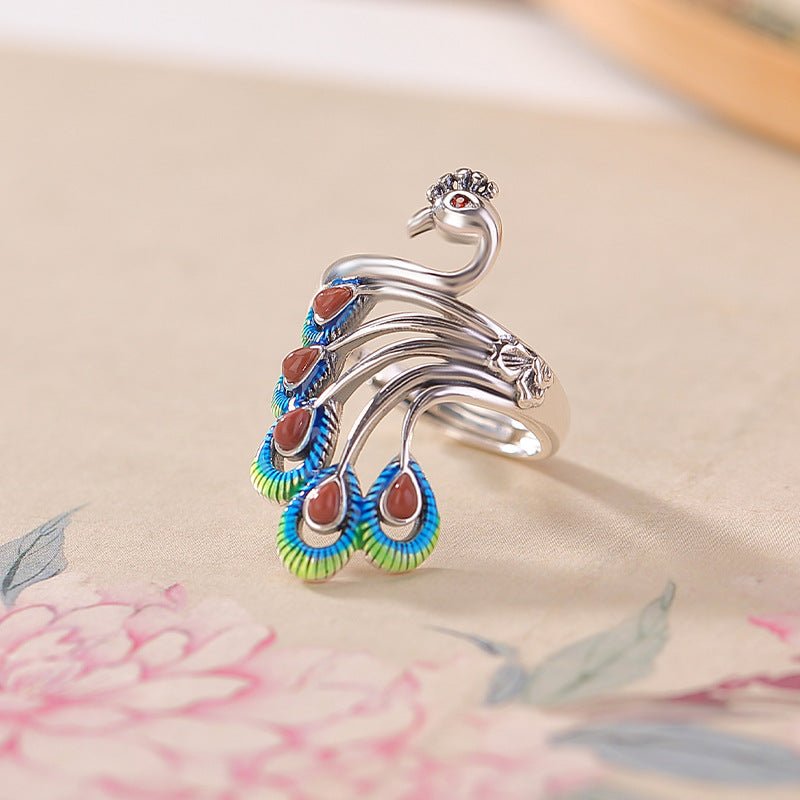 S925 Sterling Silver Hetian Jade & Southern Red Agate Ring – Peacock Enamel Majesty | Imperial Elegance Reimagined - Taichi - Zen