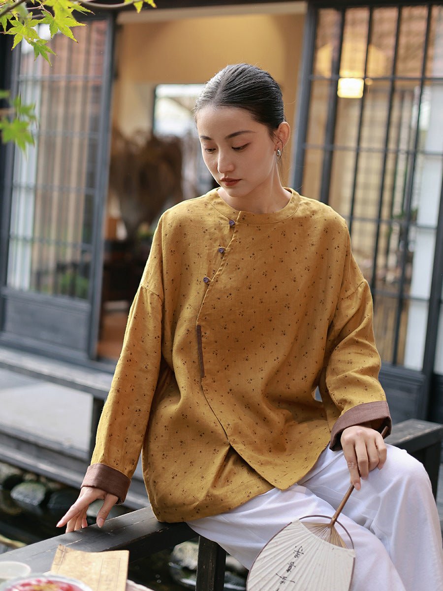 Han - Inspired Printed Linen Blouse – Loose Fit with Knot Button Detail - Taichi - Zen