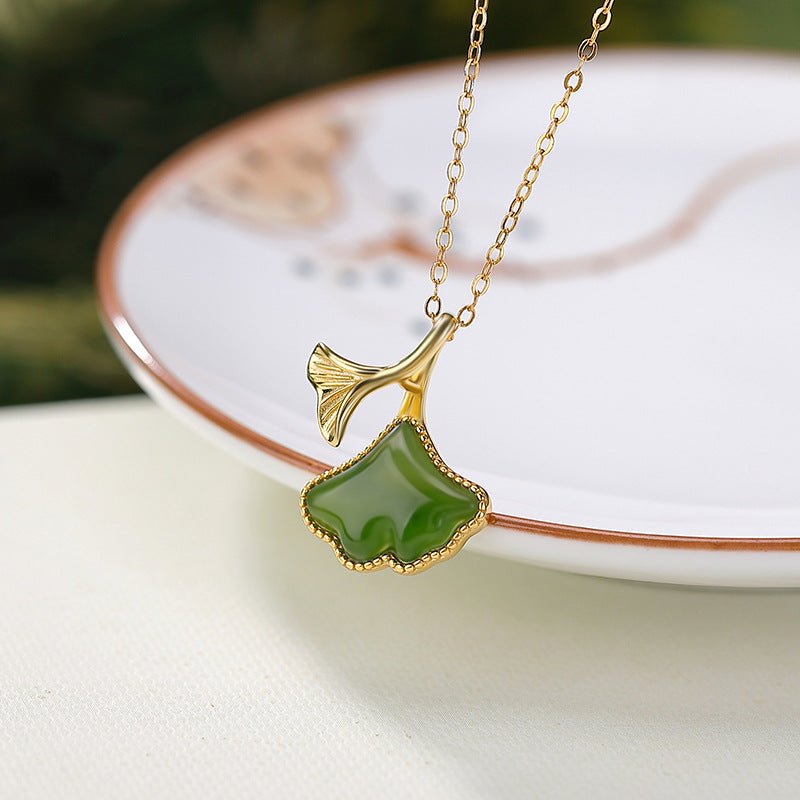 S925 Sterling Silver Gold - Plated Hetian Jade Pendant – Vintage Ginkgo Leaf Necklace | Chinese Minimalist Jewelry - Taichi - Zen