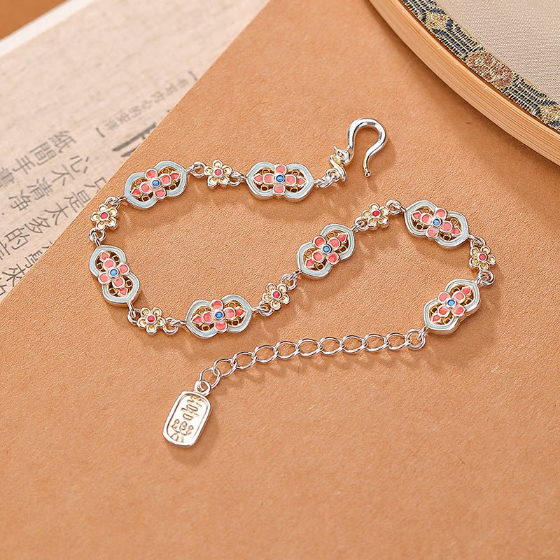 Pure 999.9 Silver 'Ruyi' Blessing Bracelet – Enamel Treasure Flowers & Lucky Gourds - Taichi - Zen