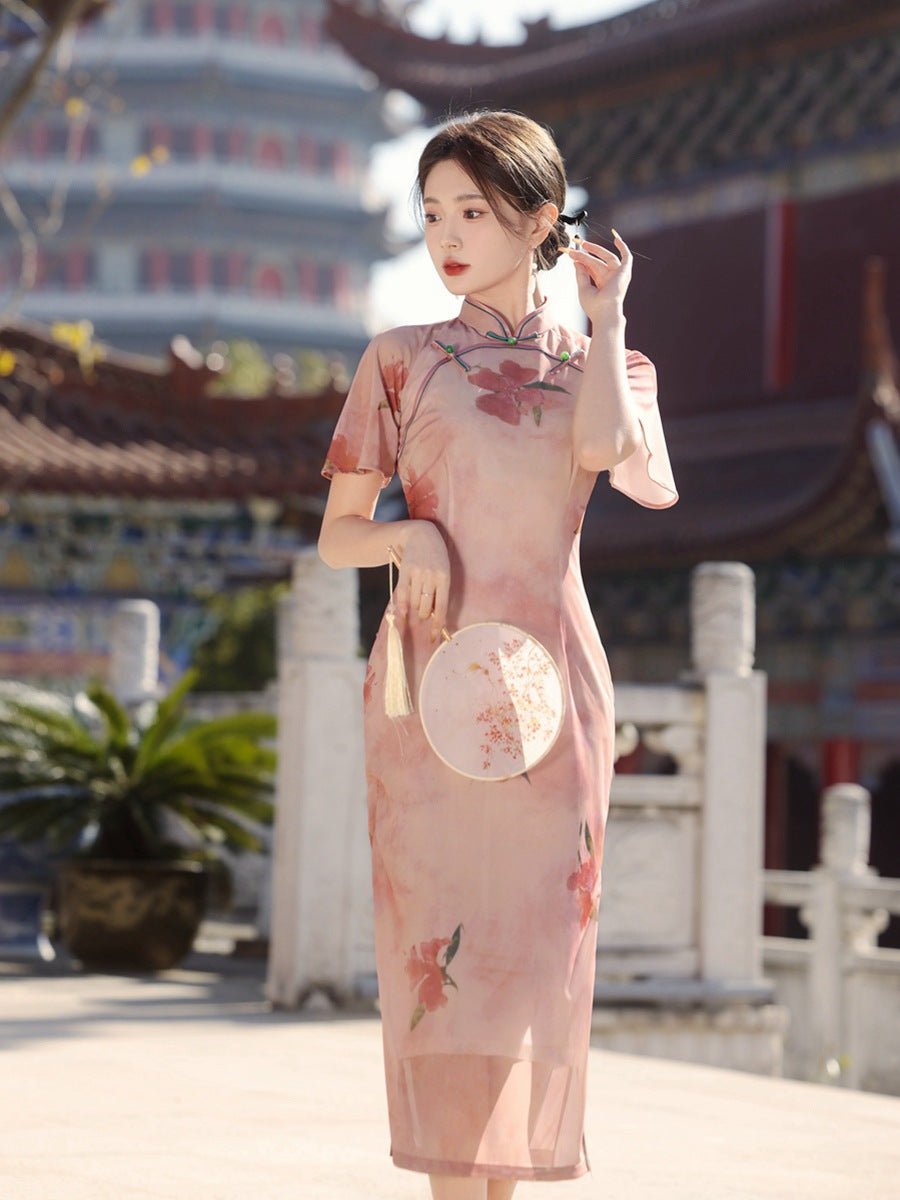 Blush Floral Qipao with Sheer Flutter Sleeves - Taichi - Zen