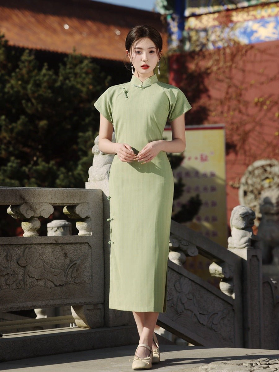 Light Pistachio Qipao in Textured Cotton Blend - Taichi - Zen