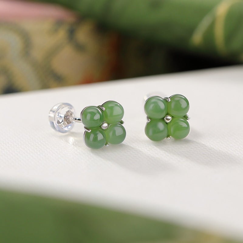 S925 Sterling Silver Jadeite Stud Earrings – "Alchemical Clover Talismans" - Taichi - Zen