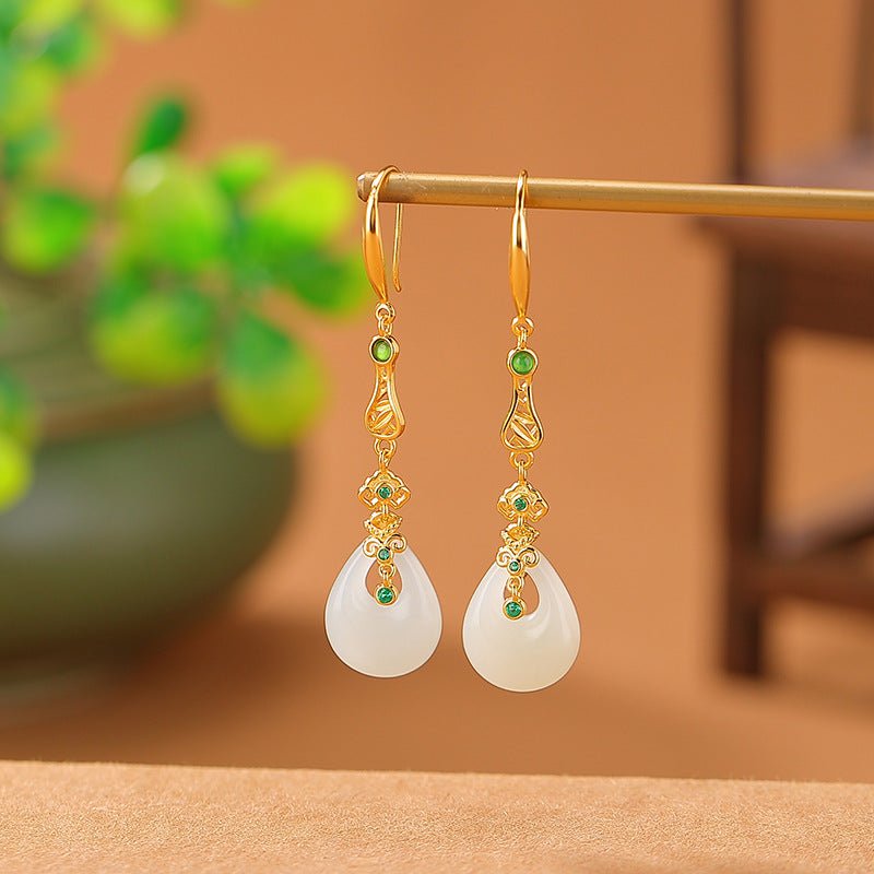 S925 Gold - Plated Hetian Jade Earrings – Waterdrop & Bamboo Leaf Motif | Timeless Chinese Elegance - Taichi - Zen