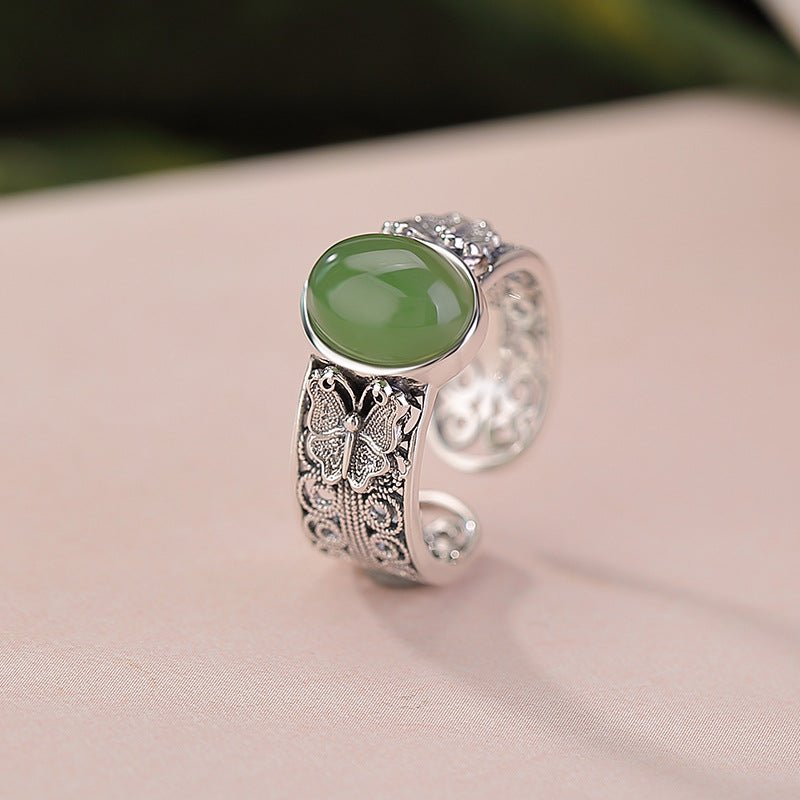S925 Sterling Silver Hetian Jade Ring – Vintage Antique Hollow Butterfly Open Adjustable Ring | Natural Gemstone Chinese Elegance - Taichi - Zen