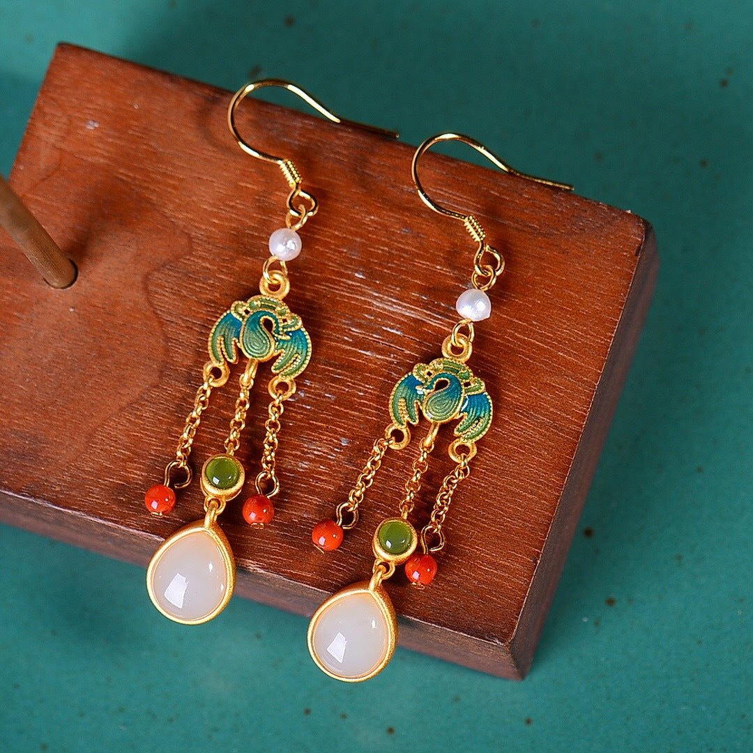 Traditional-inspired earrings with gemstone tassels and natural jade pendants, ideal for cultural or festive outfits.