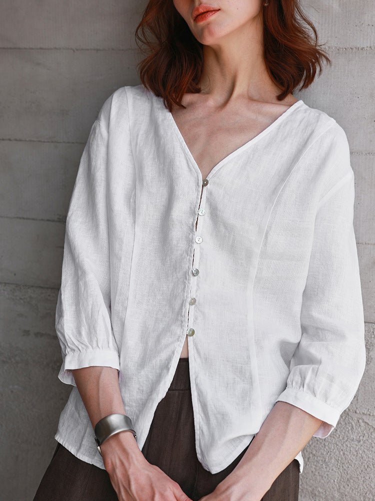 100% Linen Asymmetrical Shirt – Soft White, Light Shape - Taichi - Zen