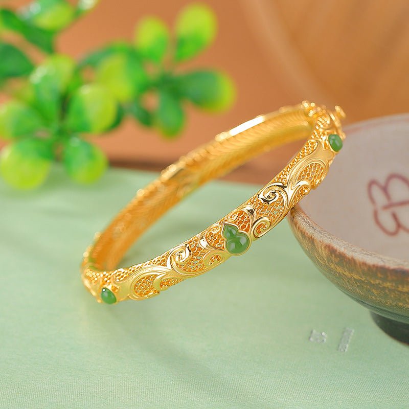 S925 Gold - Plated Hetian Jade Bangle – "Double Blessing Cuff" - Taichi - Zen