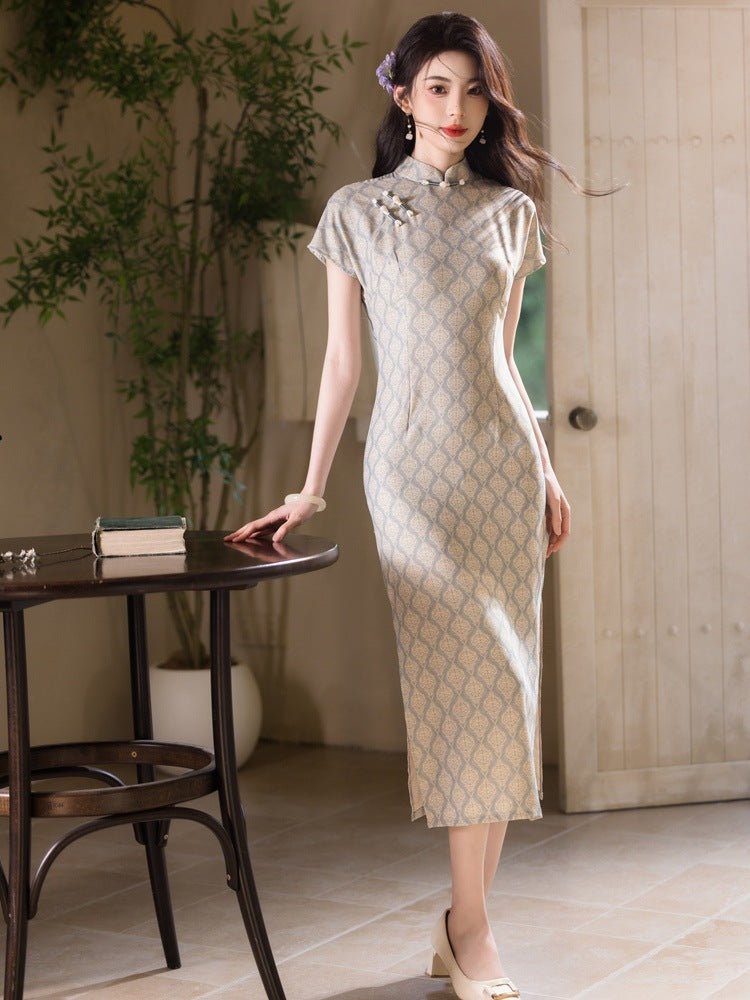 Cypress & Moonlight — Woven Petal Qipao in Pale Gold - Taichi - Zen