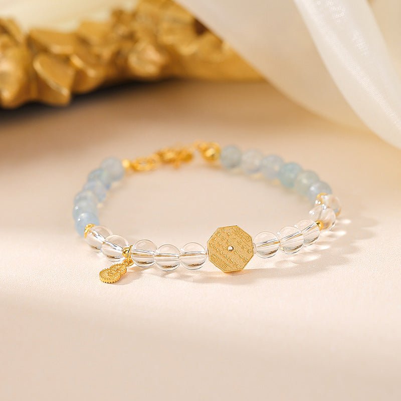 S925 Sterling Silver Gold - Plated Clear Crystal & Aquamarine Bracelet – Mountain Spirit & Mystical Symbols - Taichi - Zen