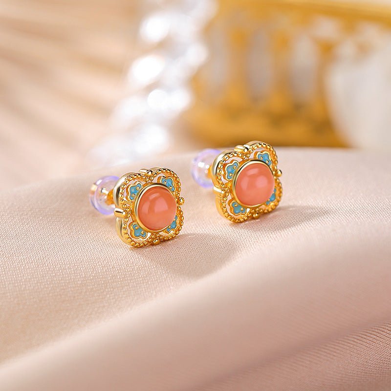 S925 Gold - Plated Water Red Agate Earrings – Double Fortune Motifs in Bloom - Taichi - Zen