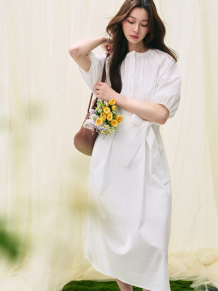 White Whisper Dress – Soft Cotton Calm with a Tied Waist - Taichi - Zen