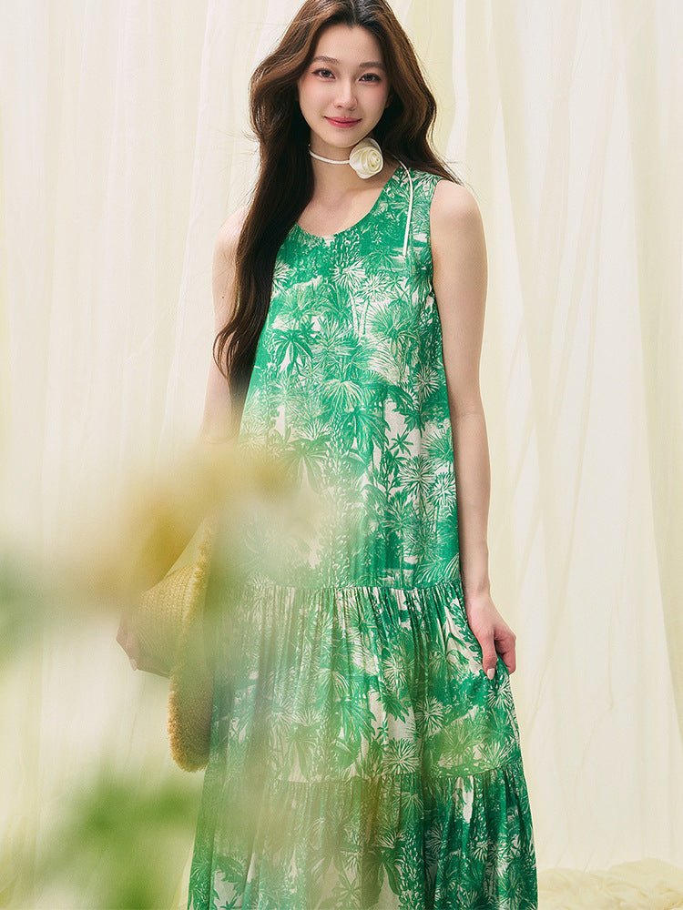 Green Floral Sleeveless Maxi Dress – Flowy Vacation Sundress with Flattering Loose Fit for Summer - Taichi - Zen