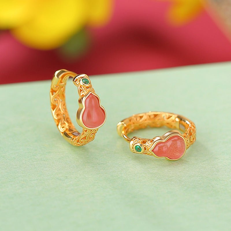 S925 Gold - Plated Red Agate Clip Earrings – "Double Blessing Scrolls" - Taichi - Zen