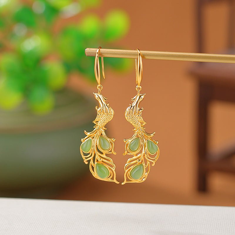 S925 Gold/Silver - Plated Hetian Jade Earrings – Waterdrop & Phoenix Motif | Chinese Heritage Reimagined - Taichi - Zen
