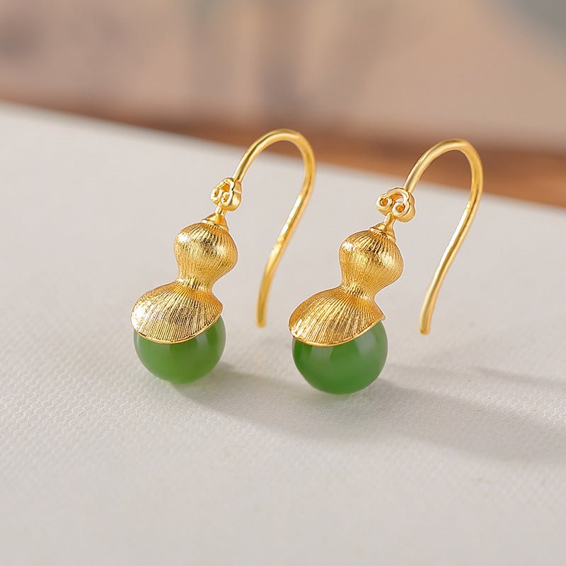 S925 Gold - Plated Hetian Jade & Amber Earrings – Double Blessing Húlu Drops - Taichi - Zen
