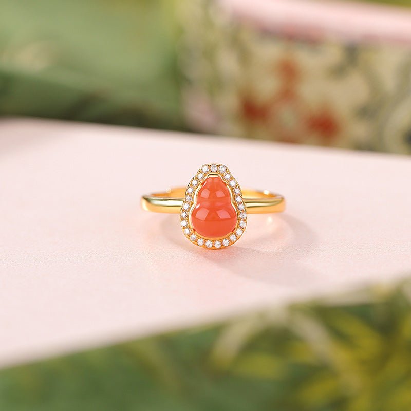 S925 Gold - Plated Red Agate Ring – "Double Blessing Band" - Taichi - Zen