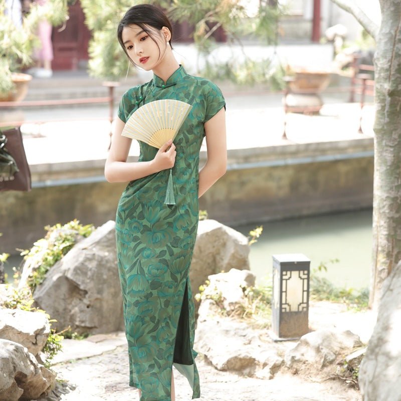 Lotus Green Qipao with Shadowed Floral Weave - Taichi - Zen