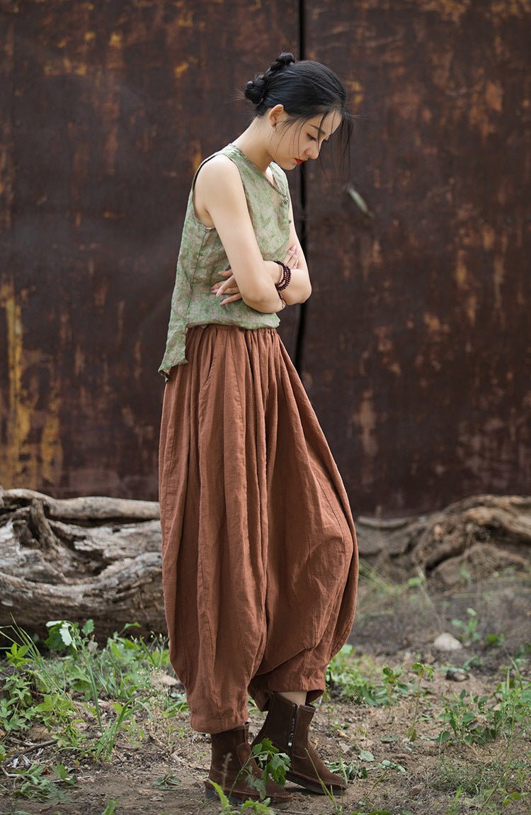 Washed Ramie Patchwork Lantern Pants | Loose - Fit Nine - Tenths Trousers - Taichi - Zen