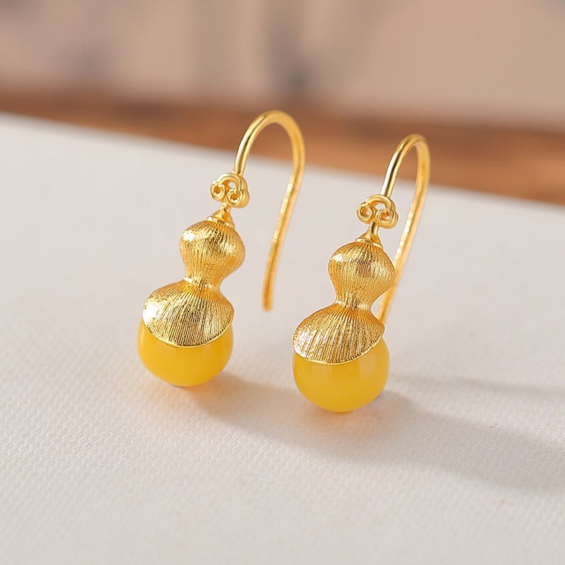 S925 Gold - Plated Hetian Jade & Amber Earrings – Double Blessing Húlu Drops - Taichi - Zen