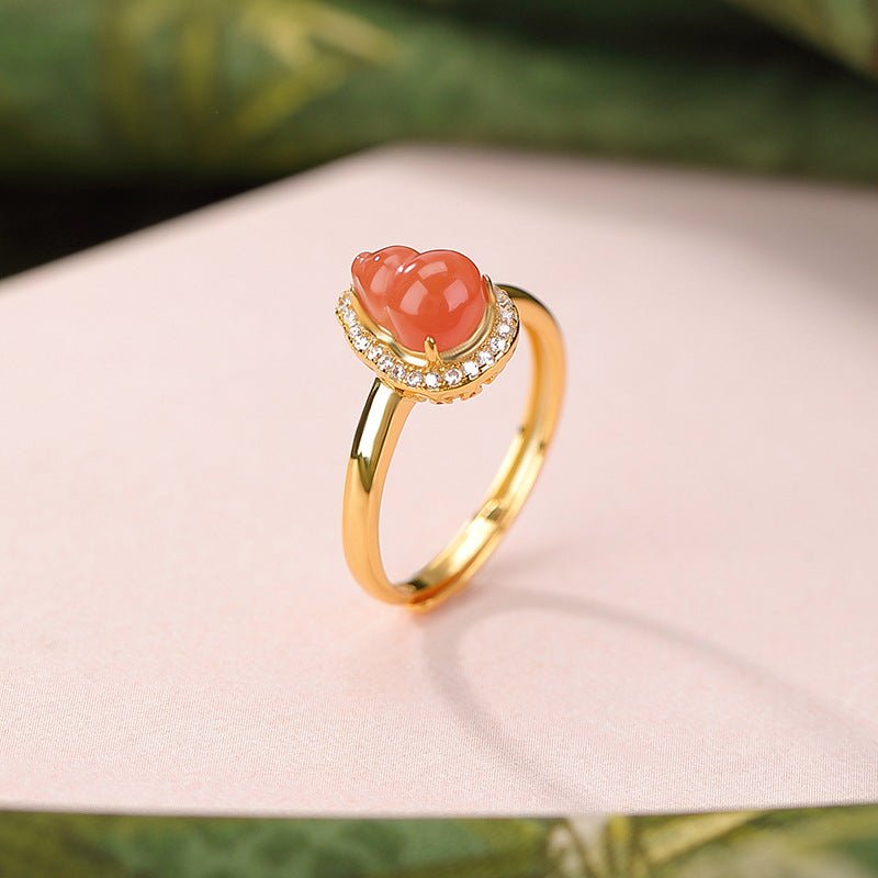 S925 Gold - Plated Red Agate Ring – "Double Blessing Band" - Taichi - Zen