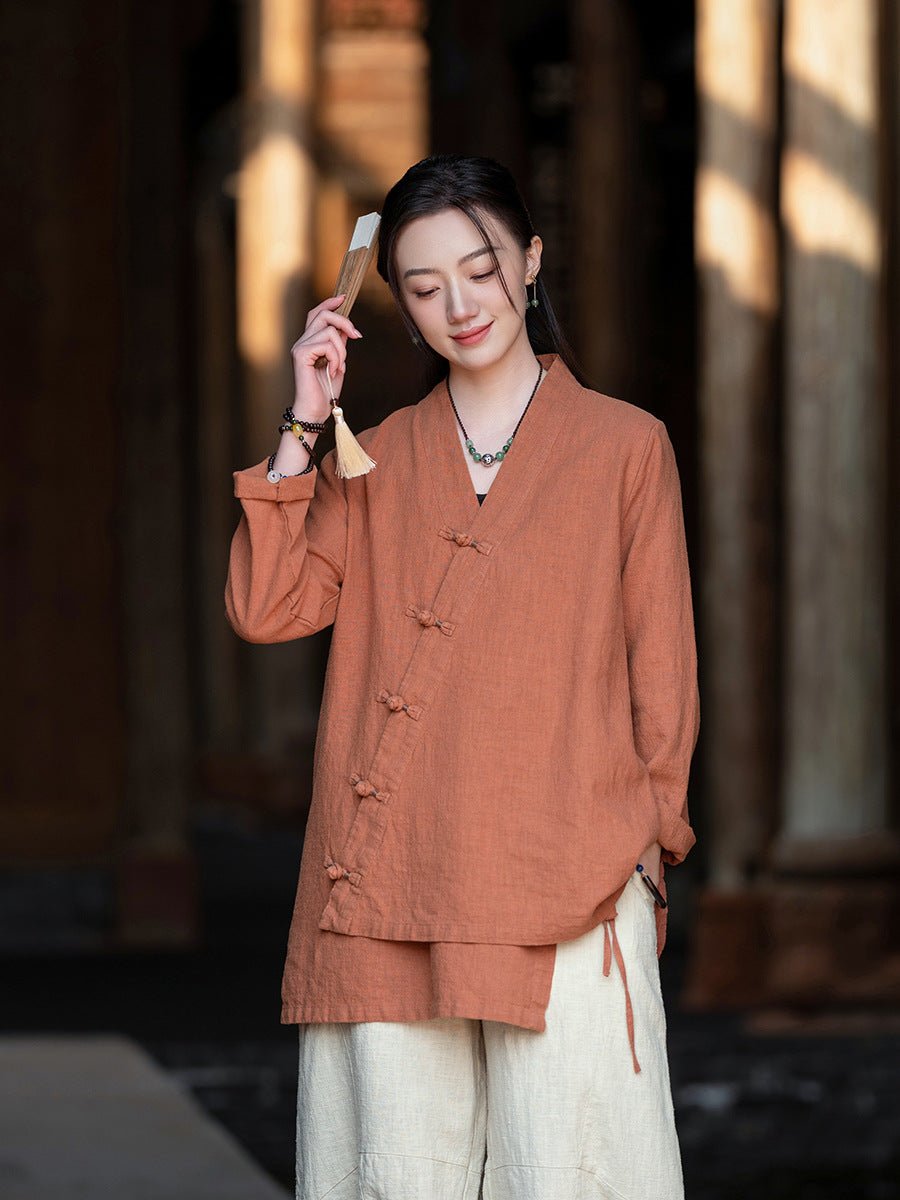 A Blouse for Still Days – Linen Blend, Hand - Knotted, Quietly Worn - Taichi - Zen
