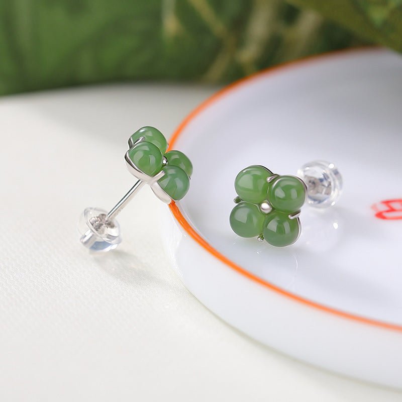 S925 Sterling Silver Jadeite Stud Earrings – "Alchemical Clover Talismans" - Taichi - Zen