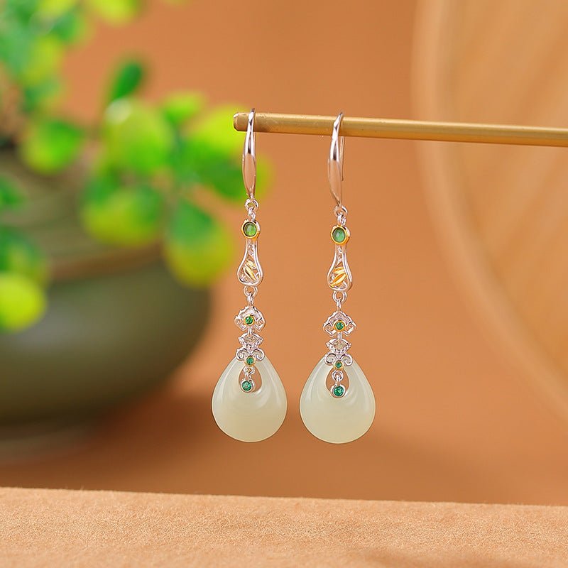 S925 Gold - Plated Hetian Jade Earrings – Waterdrop & Bamboo Leaf Motif | Timeless Chinese Elegance - Taichi - Zen