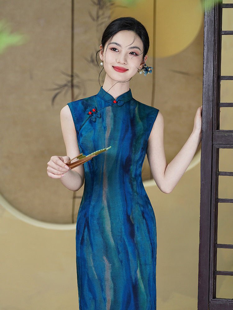 Indigo Jacquard Qipao with Flowing Side Drape - Taichi - Zen