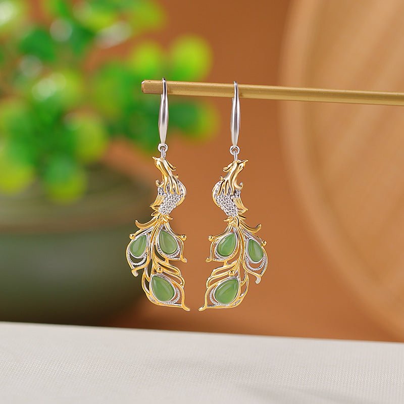 S925 Gold/Silver - Plated Hetian Jade Earrings – Waterdrop & Phoenix Motif | Chinese Heritage Reimagined - Taichi - Zen