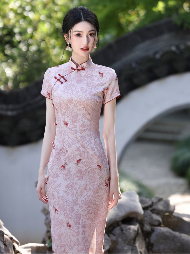 Blush Pink Qipao with Red Floral Accents - Taichi - Zen