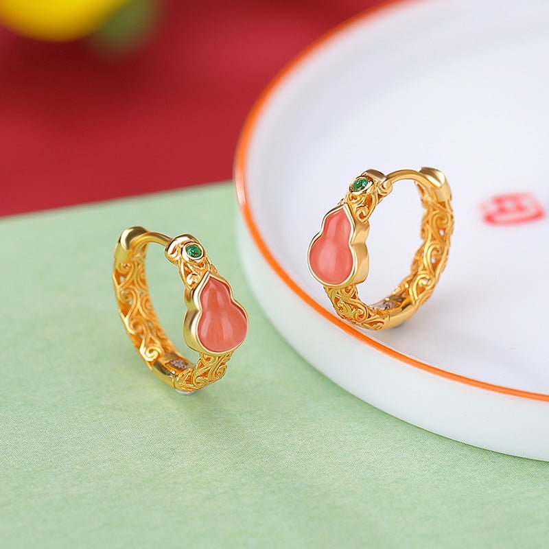 S925 Gold - Plated Red Agate Clip Earrings – "Double Blessing Scrolls" - Taichi - Zen